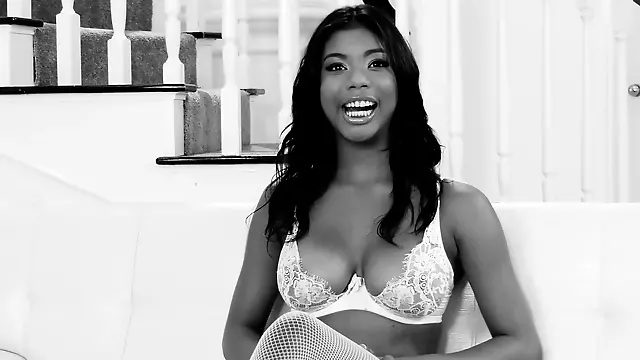 Porn actress Nia Nacci gives interview in a black-and-white video