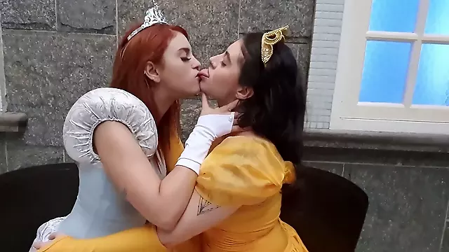 Lesbian spit, tongue smooching, princess lesbian
