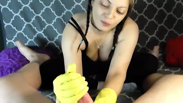 Neighbors sweet daughter gives a handjob with latex gloves during her visit