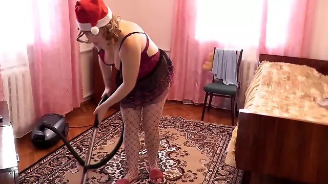 In Stockings Without Panties Sexy Blonde Milf Is Cleaning Room For Christmas. Pussy Cunt Ass Butt Natural Tits Milf