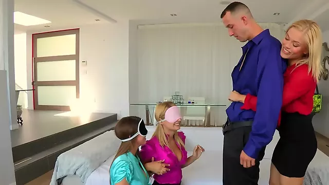 Best friends share an escort's hard cock while blindfolded