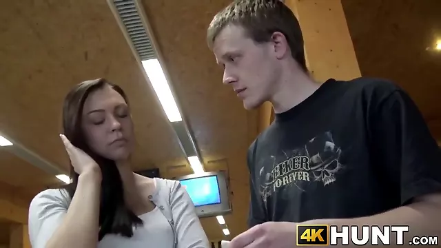 Dark haired cheats on her boyfriend for currency at a bowling place