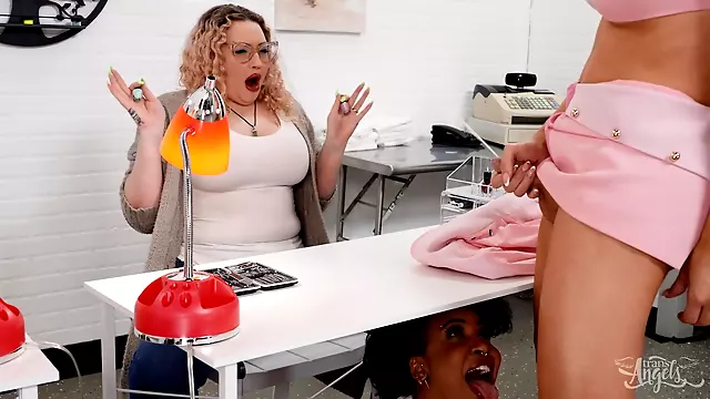 Busty shemale fucks sexy black chick at the nail salon