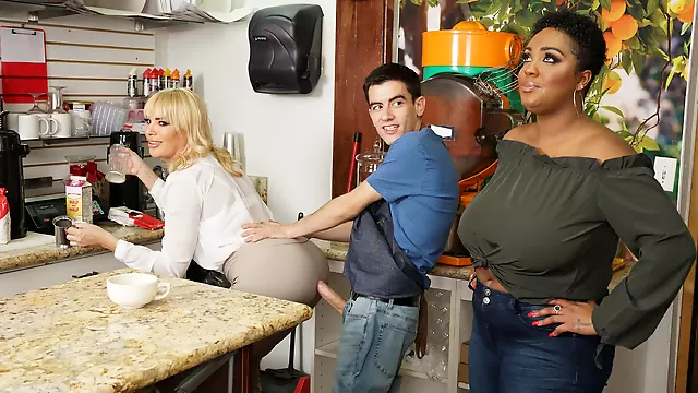 Young Spanish dude bangs two slutty MILFs in the kitchen