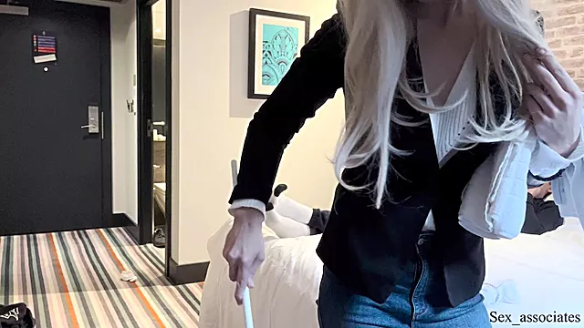 Hotel maid caught giving clothed sex and handjob to a guest