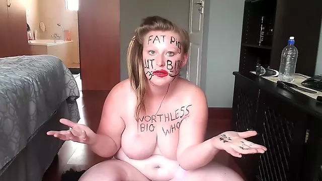 Big Fat Worthless Pig Degrading Herself Body Writing Hair Pulling Self Slapping