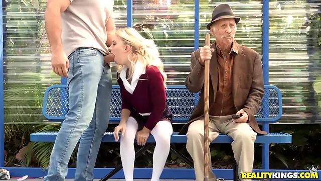 Blonde teen Riley Star gets banged on the bus stop